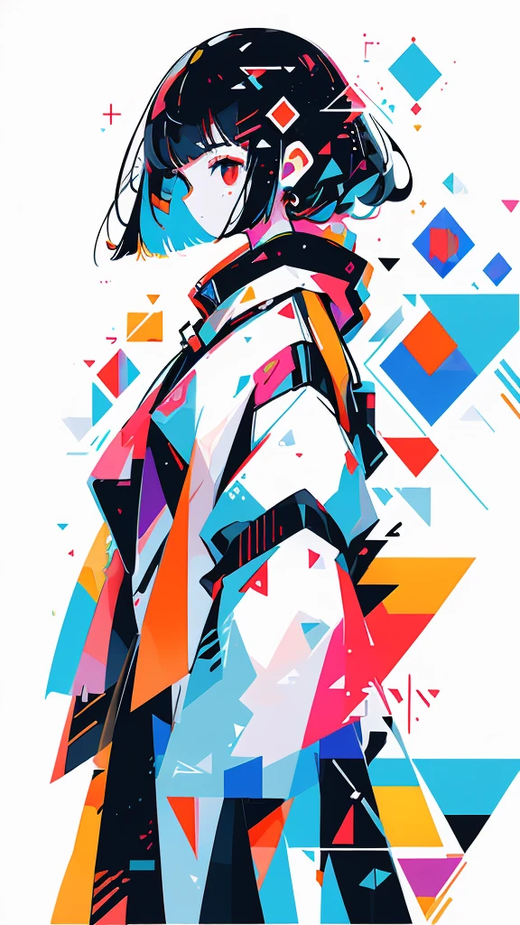 (masterpiece, top quality, best quality, official art, beautiful and aesthetic:1.2), 1girl immersed in a world of glitch art, (digital distortion:1.1), pixels fragmented and scattered, data corruption creating unique patterns, colorful noise adding an element of visual chaos, contemporary aesthetics engulfing her entire being. The girl's expression reflects a sense of fascination and wonder, as she explores this abstract universe that surrounds her. The background is a blend of vibrant colors, each hue melding seamlessly into the next, creating a mesmerizing effect. The lines and shapes within the image appear sharp and defined despite the digital distortion, show