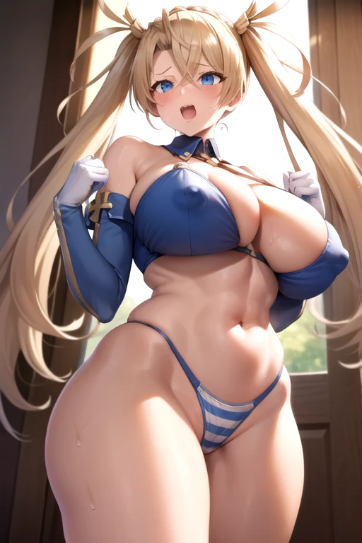 NSFW, uncensored, One girl, One Man, by 2 person, Bradamante, Blonde, blue eyes, Braiding, french Braiding, Long Hair, Twin tails, Both sides up, Sweat, Hot body, Glowing Skin, Worried brow, Ecstatic smile, Moist eyes, Tears of bliss overflow, hot, Heavy breathing, Tears overflowing from the eyes, 
No mask, No anal sex, No peace, Do not bite cloth or strings,
enormous breasts, (((Very large and saggy breasts))),
Her nipples and clitoris are so hard that you can clearly see her erection through her costume., 

From the side, From below, 

leotardは腹から下腹部まで開いており白いハーフバックパンティーのようなパーツと部品で繋がっているデザイン, (The fabric of the half-back panties is white.), leotardの生地は少な目, 
She twists her hips and sticks her ass out to the viewer., 
(((Clothing))), (((She never took off her costume and was wearing a blue and white micro bikini-style striped bikini without a bra.、Panties are definitely worn in blue and white micro bikini-style striped bikini))), 
Her panties are half off and her vagina is completely visible, She is pushing her striped bikini panties aside with her hands and fingers to reveal her vaginal opening, With her free hand she is pinching and playing with her erect nipples and clitoris.,
A man with a muscular body shows off his long and thick huge cock, 
Never insert a man&#39;s huge cock into an asshole, 
Guy matingpresses his long and thick huge cock, A large amount of semen is spurted directly from the glans to the cervix, and repeatedly poured in until the surface of the uterus clearly swells., The man&#39;s huge cock never leaves her vagina and continues to thrust and ejaculate, 
break covered navel, elbow gloves, gloves, leotard, Thigh straps, 
break looking at viewer, 
break indoors, 
break (masterpiece:1.2), Highest quality, High resolution, unity 8k wallpaper, (figure:0.9), (Beautiful attention to detail:1.6), Highly detailed face, Perfect lighting, Highly detailed CG, (Perfect hands, Perfect Anatomy), Ohogao, bukkake, 