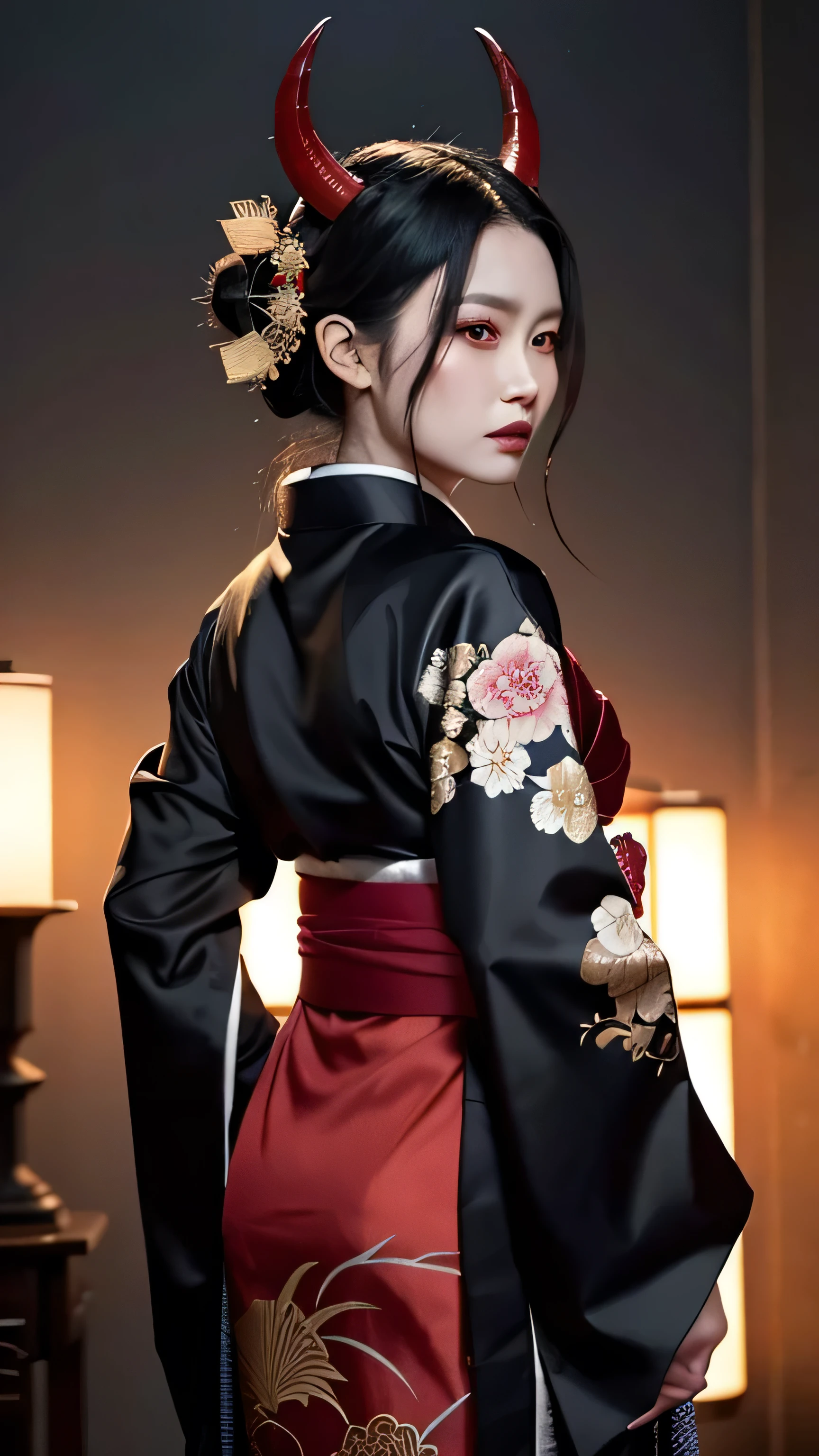 Create an ultra-realistic and intense depiction of a female Shuten-Doji, the infamous demon leader from Japanese folklore, wearing a traditional kimono. **Overall Appearance**: - **Height**: She stands at an imposing height, far taller than an average human, with a muscular yet elegant and powerful build that exudes strength and dominance. **Facial Features**: - **Skin**: Her skin is a vivid red, occasionally depicted in blue or black, adding to her fearsome and otherworldly appearance. - **Eyes**: Her face features large, piercing eyes that glow a malevolent red, full of rage and insanity. - **Horns**: Protruding from her forehead are large, menacing horns, symbolizing her demonic nature. - **Mouth**: Her mouth is wide, filled with sharp, jagged teeth, often smeared with blood. - **Hair**: Long, wild black hair flows down her back, whipping around as if alive. **Attire**: - **Kimono**: She wears an elaborate, richly colored kimono with intricate patterns that blend traditional Japanese motifs with dark, sinister elements. The kimono’s fabric is adorned with images of flames, skulls, and mythical creatures, emphasizing her demonic nature. The obi (sash) is tied tightly around her waist, showcasing her powerful physique. - **Accessories**: She is adorned with heavy chains and metal accessories around her neck and wrists, symbolizing her immense power and status. **Weapons and Items**: - **Iron Club**: In one hand, she wields a massive iron club, a symbol of her brute strength and dominance. - **Sake Jar**: In the other hand, she holds a large sake jar or cup, as she is known for her love of drinking. **Scene**: - **Setting**: The scene is set in a dark, mystical forest at the base of Mount Oe, with eerie, twisted trees and an ominous atmosphere. Mist swirls around her feet, and distant howls and whispers fill the air. - **Pose**: Shuten-Doji stands in a commanding pose, her iron club resting on her shoulder and her sake jar held casually in her other hand. Her expres