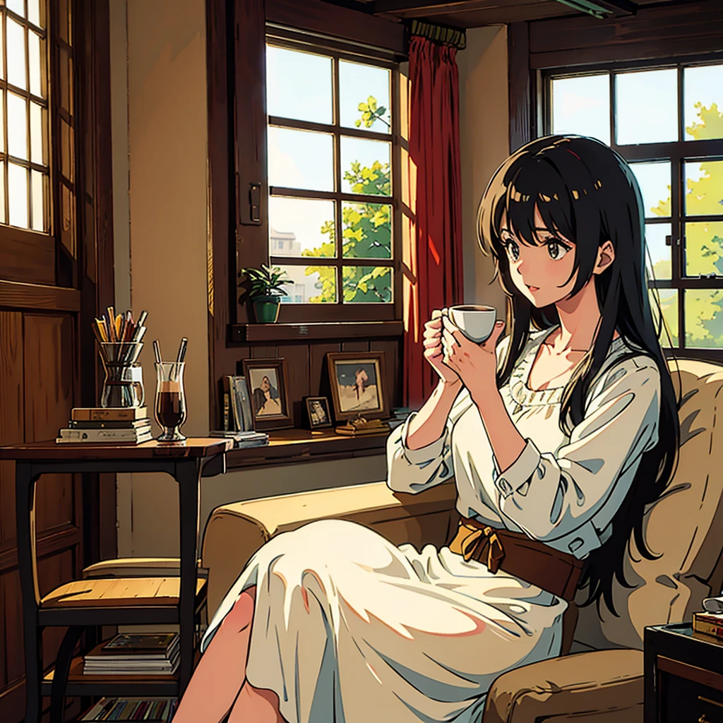 Room with records Vintage Nostalgic Woman sitting by the window Coffee Anime