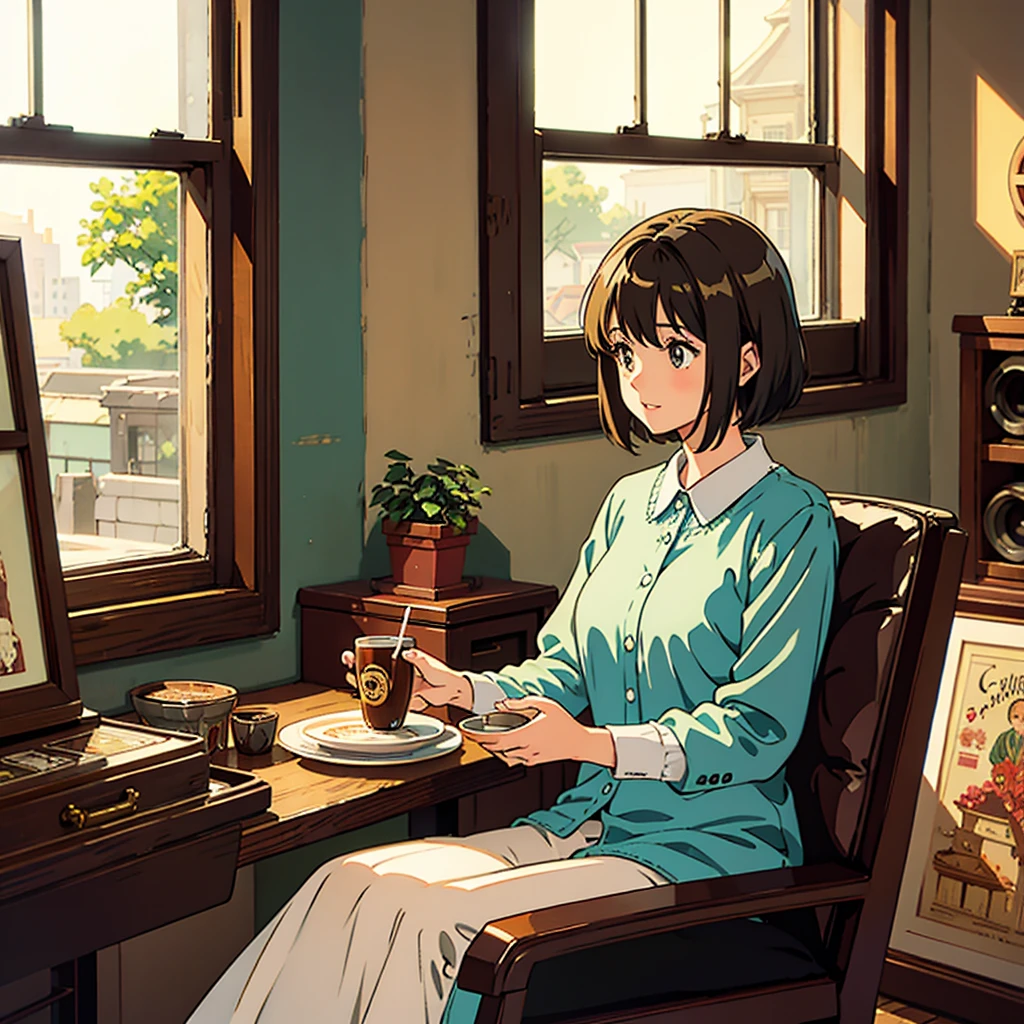 Room with records Vintage Nostalgic Woman sitting by the window Coffee Anime