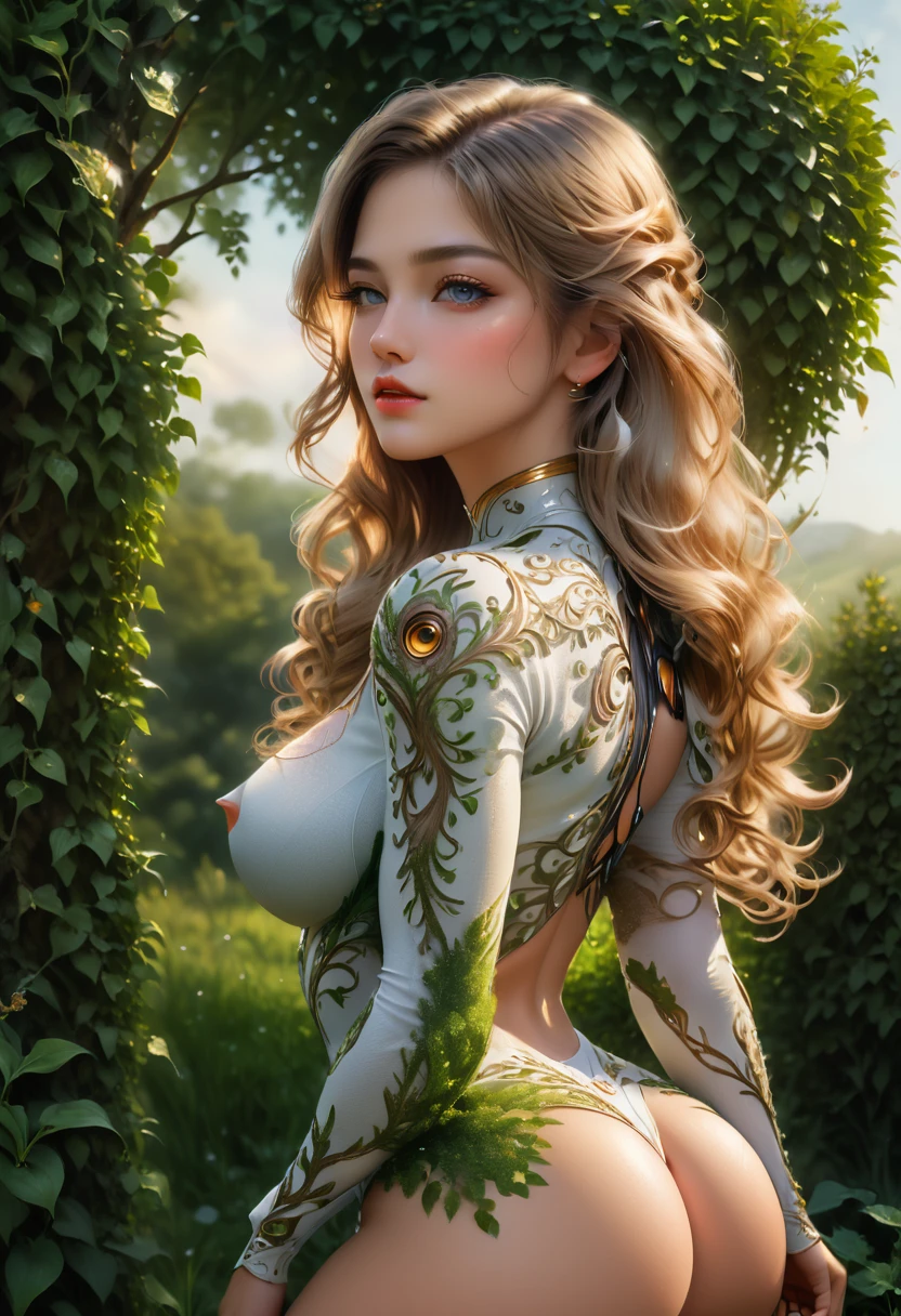 woman, tree, standing in a field, side profile, sensual busty body, beautiful detailed eyes, beautiful detailed lips, extremely detailed face, long eyelashes, elegant graceful figure, detailed garden landscape, golden hour lighting, lush greenery, warm color tones, cinematic atmosphere, (best quality,4k,8k,highres,masterpiece:1.2),ultra-detailed,(realistic,photorealistic,photo-realistic:1.37),cinematic, intricate details, dramatic lighting, art by mooncryptowow, 