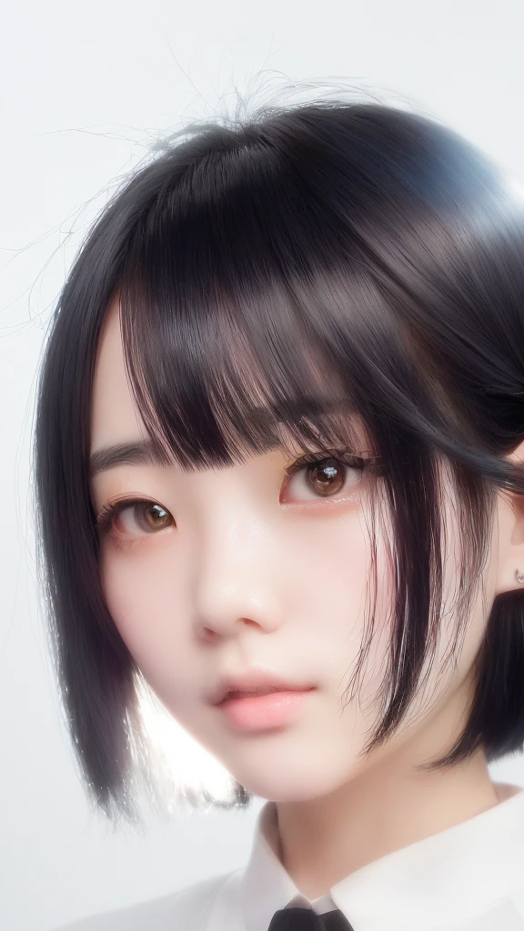 neat japanese girl age is teenager fetures of whole body black hair midium straight hair style small face dark blue pupils thin upper lip milky white skin
