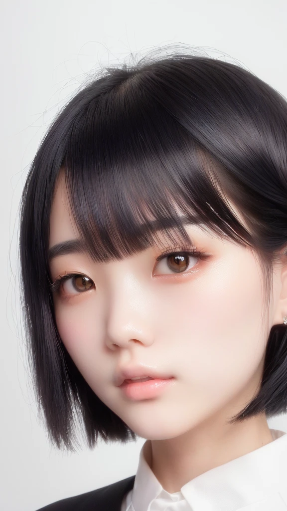neat japanese girl age is teenager fetures of whole body black hair midium straight hair style small face dark blue pupils thin upper lip milky white skin