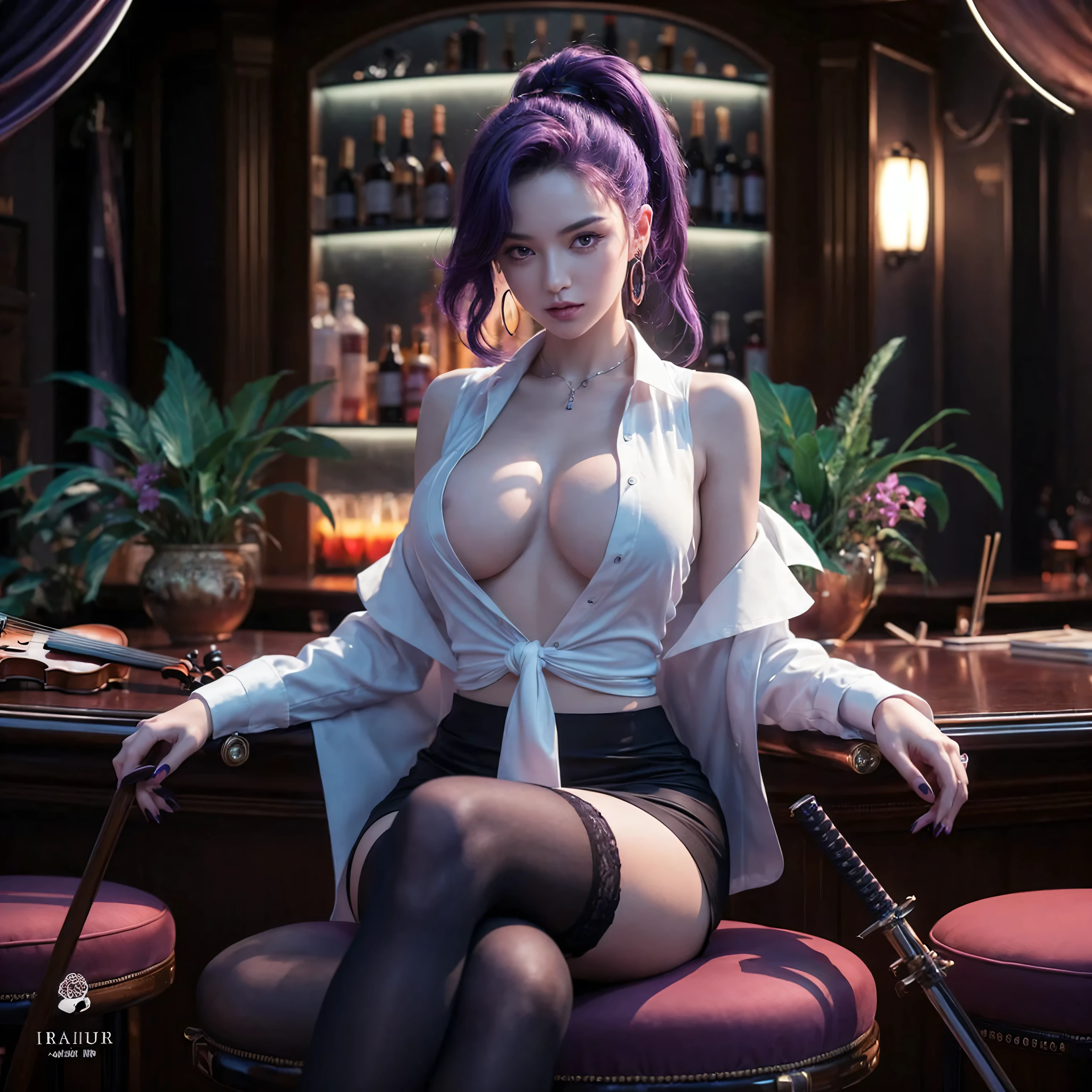 Create an ultra-realistic, high-definition image of a confident and alluring woman with striking purple hair and violet eyes sitting in a luxurious, dimly-lit bar. She is wearing a white blouse, a black skirt, and black thigh-high stockings. The setting is elegant, featuring a well-stocked bar with an array of bottles and vibrant plants. The atmosphere includes a violin and a katana, adding a sophisticated yet mysterious touch. The soft, ambient light highlights the rich colors and intricate details of both the woman and her surroundings, creating a truly captivating scene. Ensure the image is photorealistic, capturing the textures and lighting accurately.