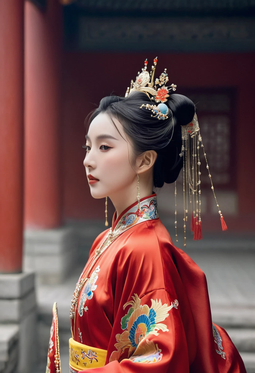 The background is a cobblestone street outside a Chinese palace in the Qing Dynasty. The empress at the Chinese court in the Qing Dynasty is wearing red Hanfu and looking from the front. Her big buttocks are covered with a naked loincloth that has been moved down to show off her big breasts. Her hair is adorned with a gorgeous Chinese empress's crown, and the back of her hair is tied up at the top.