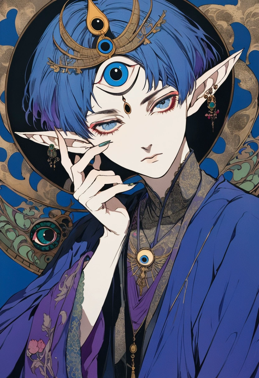 (((Harry Clark (Harry Clarke) style,圣地亚哥·卡鲁索style)))，(((The third eye on the forehead。short hair，Pointed ears，robe)))，Wide Angle，Black and blue，Solid color background