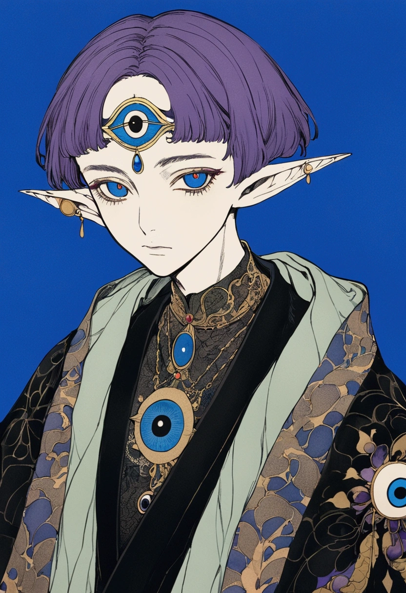 (((Harry Clark (Harry Clarke) style,圣地亚哥·卡鲁索style))),(((The third eye on the forehead。short hair,Pointed ears,robe))),Wide Angle,Black and blue,Solid color background