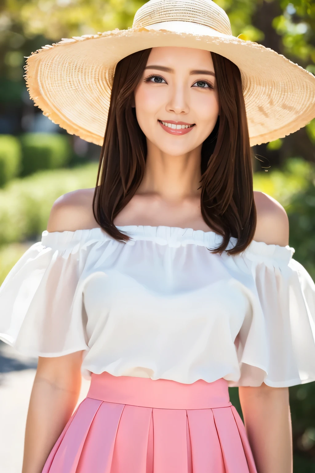 (Highest quality、Tabletop、8k、Best image quality、Hyperrealism)、Accurate anatomy、The best smile、(Close-up of face:1.1)、(White off-the-shoulder blouse with large frills:1.2)、(Elegant and cute light pink flared skirt:1.2)、Blurry park background、Blurred cherry blossoms in full bloom、Are standing、(Very bright and vivid:1.2)、(Bright and glowing skin:1.3)、(Beautiful sunny sky:1.2)、The perfect straw hat