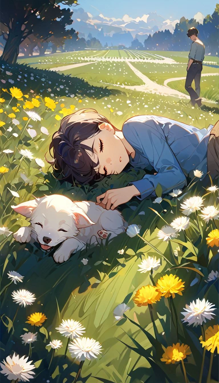 masterpiece, best quality, 8k, 4k, 1boy, kid, sleeping, dark blue hair with red stripes, blue long sleeve shirt, short pale brown pants with pocket, lay down on the field, white puppy sleeping next to the boy, siberian white puppy, white dandelions fields, dandelions Taraxacum erythrosperm, wind blowing, sleeping on the fields, finely detailed eyes and detailed face, inspired by Asukaziye artist : ask, art style : ask