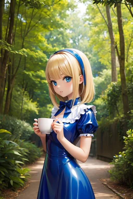 Perfect Anatomy　Highest quality,Highest Resolution,(((Blue Latex Dress)))　Alice in Wonderland　Blonde　10 years old　A Cup　forest