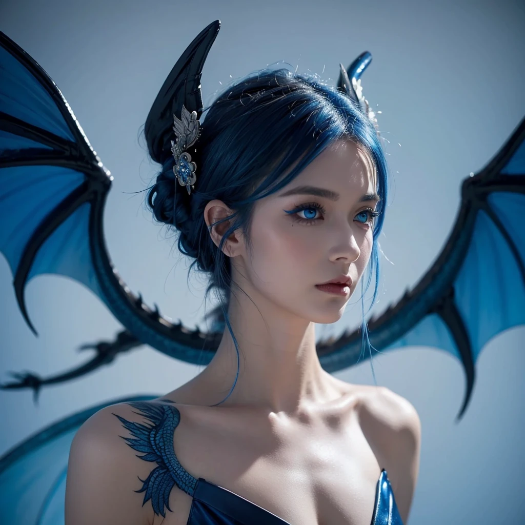 Beautiful woman, blue hair, shining blue eyes, blue dragon wings,dragon tattoo.