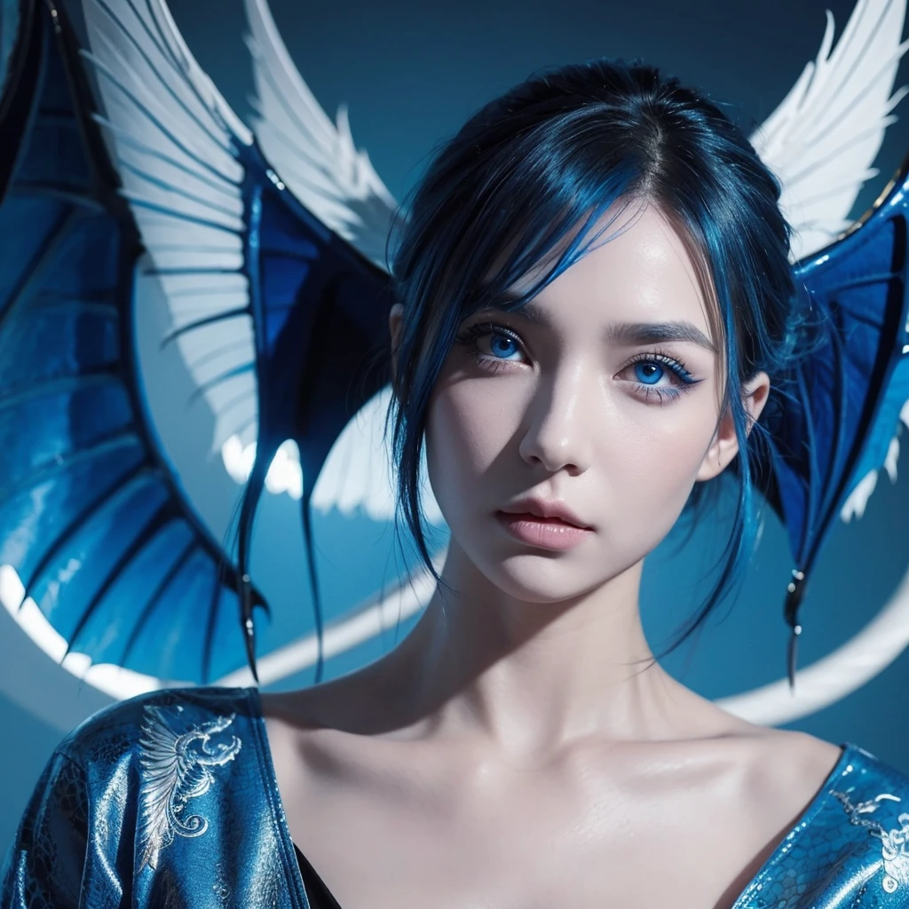 Beautiful woman, blue hair, shining blue eyes, blue dragon wings,dragon tattoo.