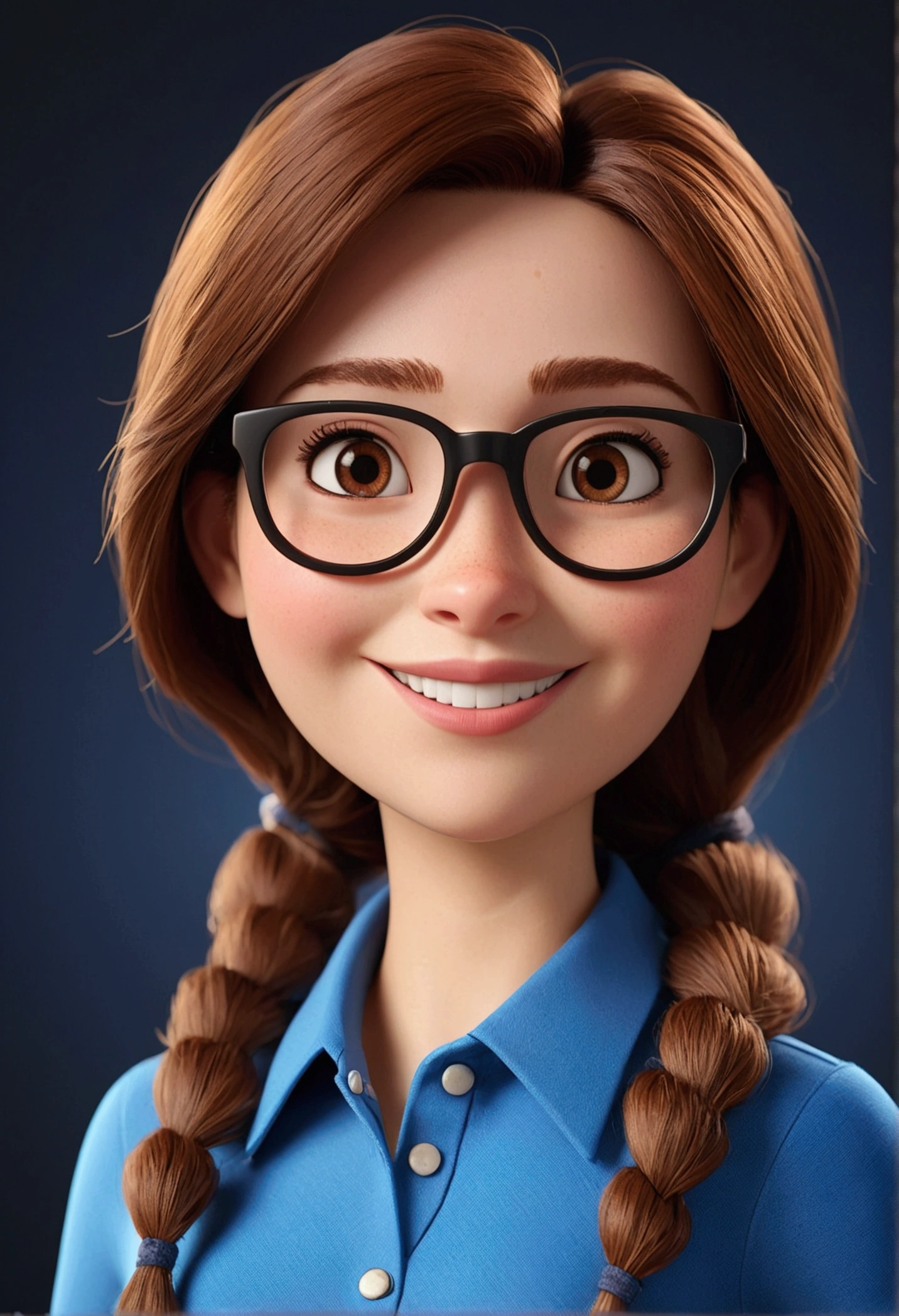 Cartoon character of a woman in black glasses and blue shirt, shoulder length brown hair, Grinning,an animated character, large nose, stylized character, animation style rendering, 3d stylized, Arnold Maya rendering, Stylized 3D rendering, toon render screenshot, 3d character, 3d character, Stylized 3D rendering, 3D character rendering, cartoon character, Personagem de close up, character posing, (Pixar-style) (master part:1.2) (bokeh) (best qualityer) (skin detailed) (detailed texture) (8k) (Argilla) (cinematic lighting) (sharp focus，Sit down and lift your upper body
