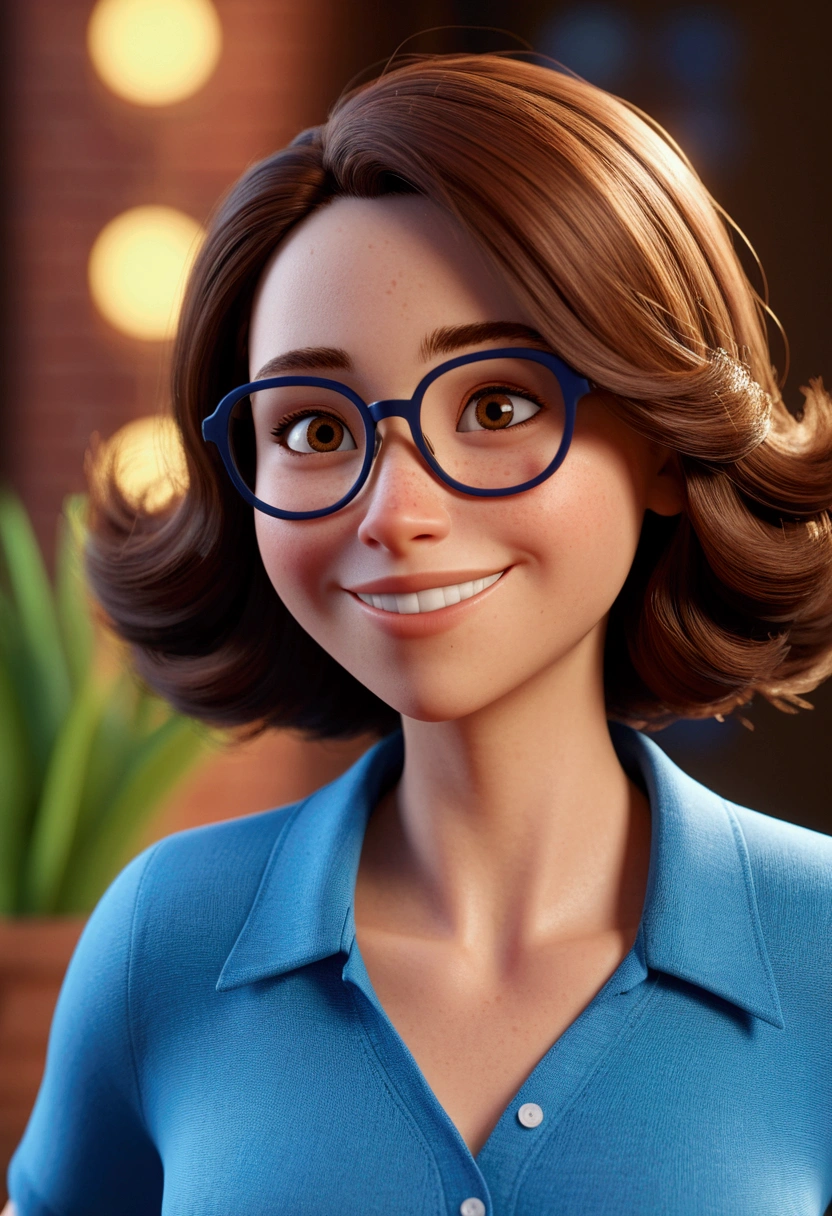 Cartoon character of a woman in black glasses and blue shirt, shoulder length brown hair, Grinning,an animated character, large nose, stylized character, animation style rendering, 3d stylized, Arnold Maya rendering, Stylized 3D rendering, toon render screenshot, 3d character, 3d character, Stylized 3D rendering, 3D character rendering, cartoon character, Personagem de close up, character posing, (Pixar-style) (master part:1.2) (bokeh) (best qualityer) (skin detailed) (detailed texture) (8k) (Argilla) (cinematic lighting) (sharp focus,Sit down and lift your upper body