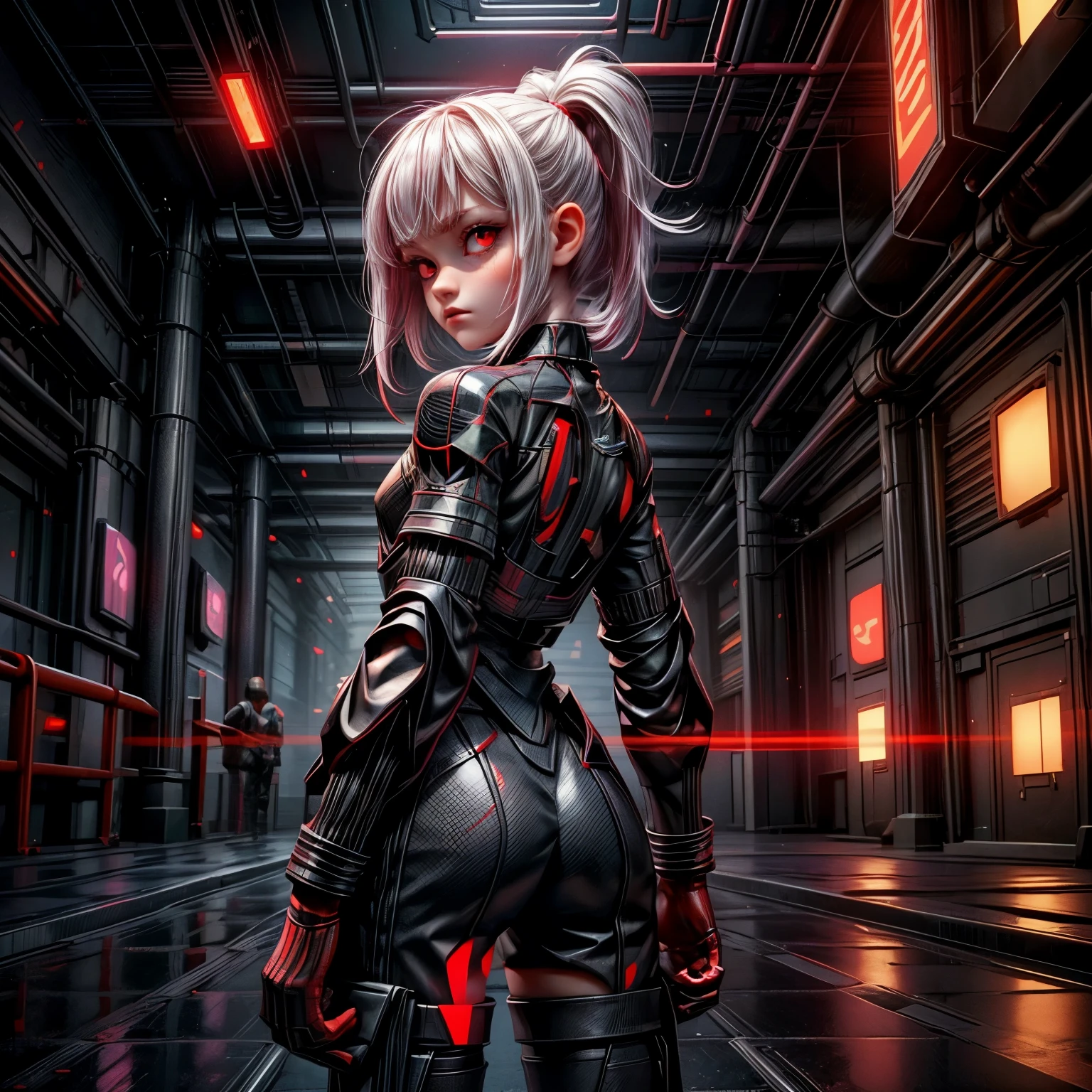 appearence a 13 years old teenage girl,red eyes,albino,calm,quiet,cute,pretty,full body,looking ahead,combed back,red outfit,black short,tied hair,spider verse suit,serious look,cyberpunk background 