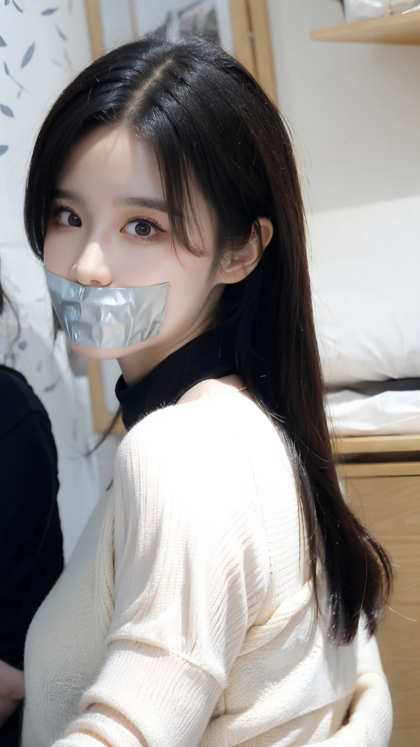 One female, selfie、face close up、cheerful smile、big tear bag、tape gag,Room lighting:none、front lighting:weak、Photo taken with iPhone、Japanese cute half-haired girl、profile、looking at the camera、black sweater, white wallpaper only, Rooms without lights、