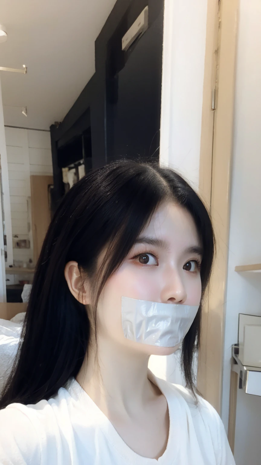 One female, selfie、face close up、cheerful smile、big tear bag、tape gag,Room lighting:none、front lighting:weak、Photo taken with iPhone、Japanese cute half-haired girl、profile、looking at the camera、black sweater, white wallpaper only, Rooms without lights、