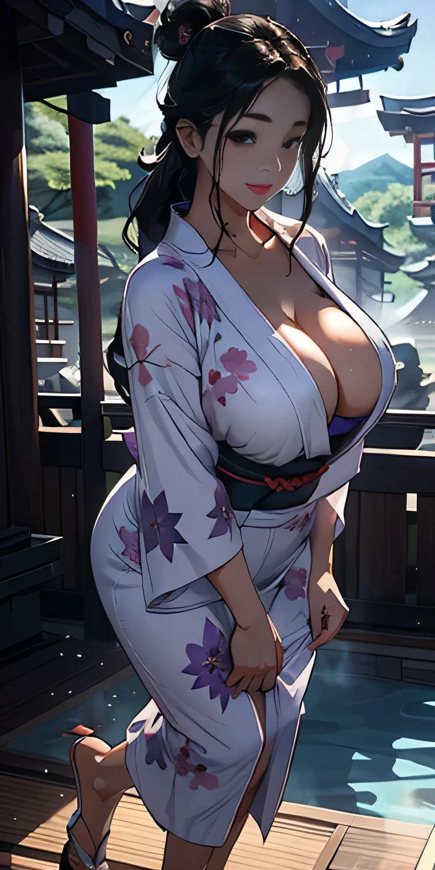 realistically、Full body contact looking up from below the ground、rear view、My thighs are also getting a little thicker、25 year old girl with accentuated thighs、Wearing a purple yukata、Breast augmentation and emphasis on cleavage、Versatile sensual poses、smile face、Japanese hot spring town Inakamachi、Emphasis on shading the chest contour