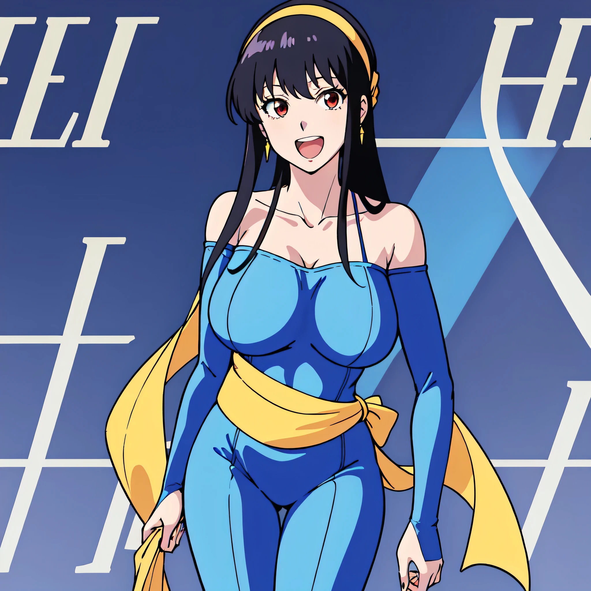 　masterpiece、Highest quality、Anime Women、solo、Watching the audience、laugh at、Long Hair、Black Hair、eyelash、Red Eyes、bangs、hair band、Big Breasts、A woman with very large breasts、collarbone、Blue bodysuit、Off the shoulder、Long sleeve、Yellow sash、