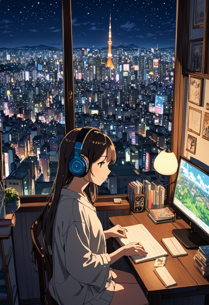 Studio Ghibli-style anime movies, Movie stills, Highest quality, masterpiece, Extremely elaborate details, 8k,girl, A -yeld giis studying in front of a computer with headphones on. She is sitting on a balcony, and the scenery outside is a night view of Tokyo. The night sky is filled with twinkling city lights and tall buildings. The girl has a focused expression on her face, with her hair neatly tied back. She is wearing a casual outfit, and the setup includes a desk with books and stationery scattered around. The ambiance is serene yet vibrant, capturing the essence of nighttime in a bustling city. The image should be detailed and realistic, highlighting both the girl's dedication to her studies and the stunning night view of Tokyo."