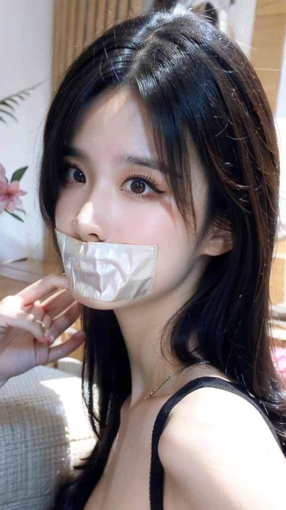 One female, selfie、face close up、cheerful smile、big tear bag、tape gag,Room lighting:none、front lighting:weak、Photo taken with iPhone、Japanese cute half-haired girl、profile、looking at the camera、black sweater, white wallpaper only, Rooms without lights、Cleavage Bulge