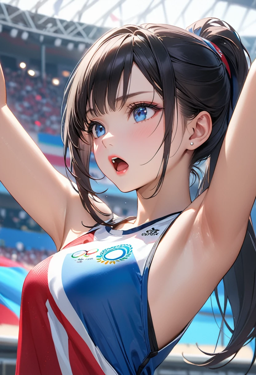 Highest quality, masterpiece, Ultra-high resolution, Realistic:1.2, RAW Photos, Intricate details, Portraiture,　Big beautiful blue eyes:1.2, Perfect contours, Girl, break　((upper body:1.2, ((side shot:1.3)), looking away:1.2)), ((petite, short, tiny girl:1.2)), Black Hair、((long heir, high ponytail:1.2)), (makeup:1.2, full lips:1.3, pink lips:1.2, shiny lips:1.2), ((Spectators cheering on the Olympics:1.2, He is wearing a sleeveless shirt with the Olympic symbol design.:1.5), break　((Extend your elbow and raise one arm above your head:1.3)、(Angry and aggressive facial expression:1.2)、((Opening his mouth wide and shouting loudly:1.2)))、 (Audience seats in the background:1.2、A large audience々Waving the flag)、(armpits:1.3), (empty-handed)、