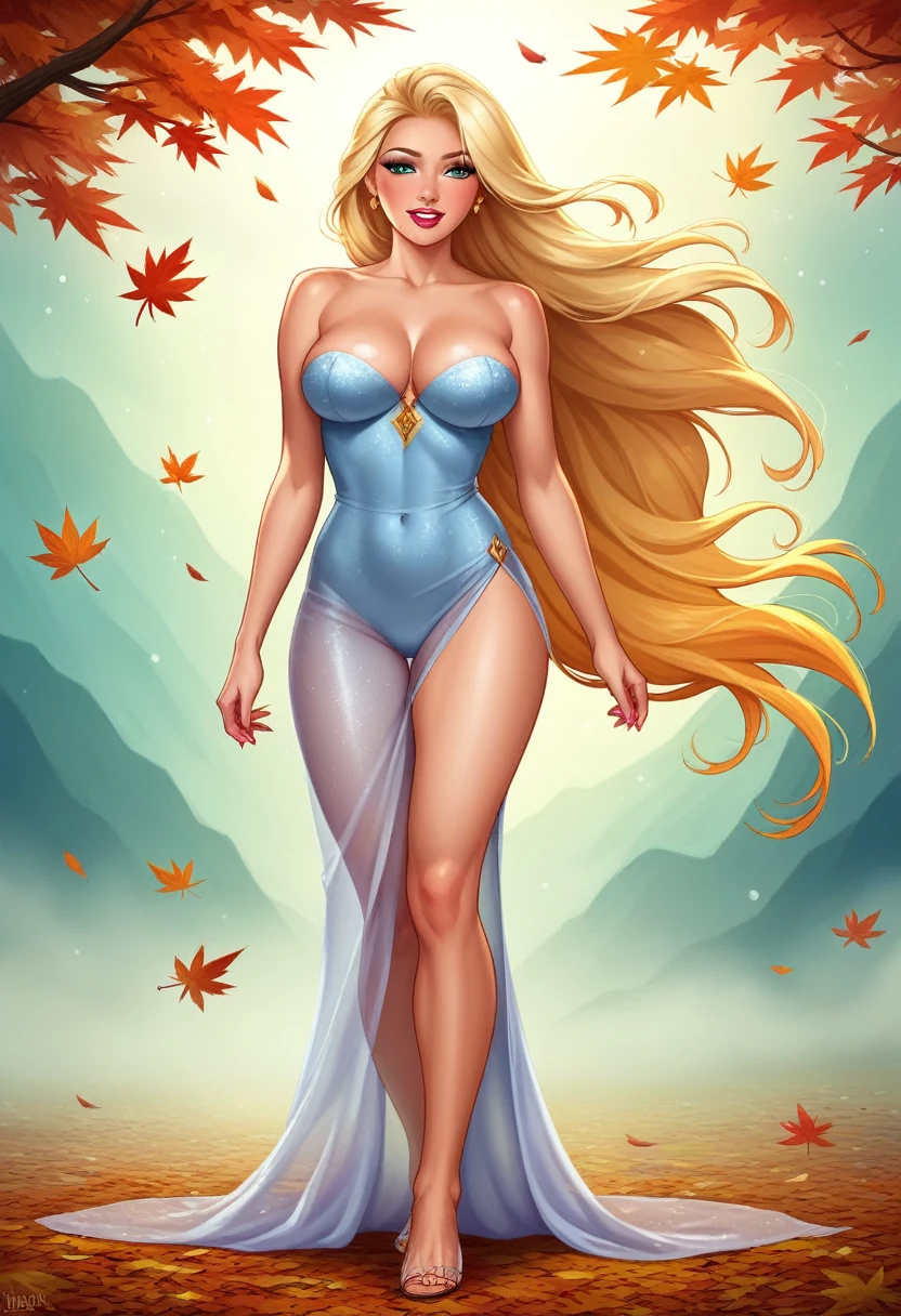 A breathtakingly beautiful and voluptuous woman, her figure accentuated by the translucent attire that hugs her curves. She seems to be floating effortlessly through the dense fog, her ethereal presence casting an otherworldly glow. The diaphanous material of her dress flows around her, revealing tantalizing glimpses of her smooth, toned skin beneath. Long, flowing locks of golden hair frame her delicate features, and her eyes, shielded by thick, dark lashes, appear to be lost in the eerie whiteness that surrounds her. The fog itself is almost tangible, swirling around her legs and obscuring the landscape beyond, as if the world has been reduced to this moment, this vision of unearthly beauty floating through the mist. The contrast between her vibrant, warm presence and the cold, clinging fog creates a sense of otherworldly romance, inviting the viewer to step into this surreal realm and become lost in its enchantment.autumn leaves. Very sad expression. Walking on a frozen creek.