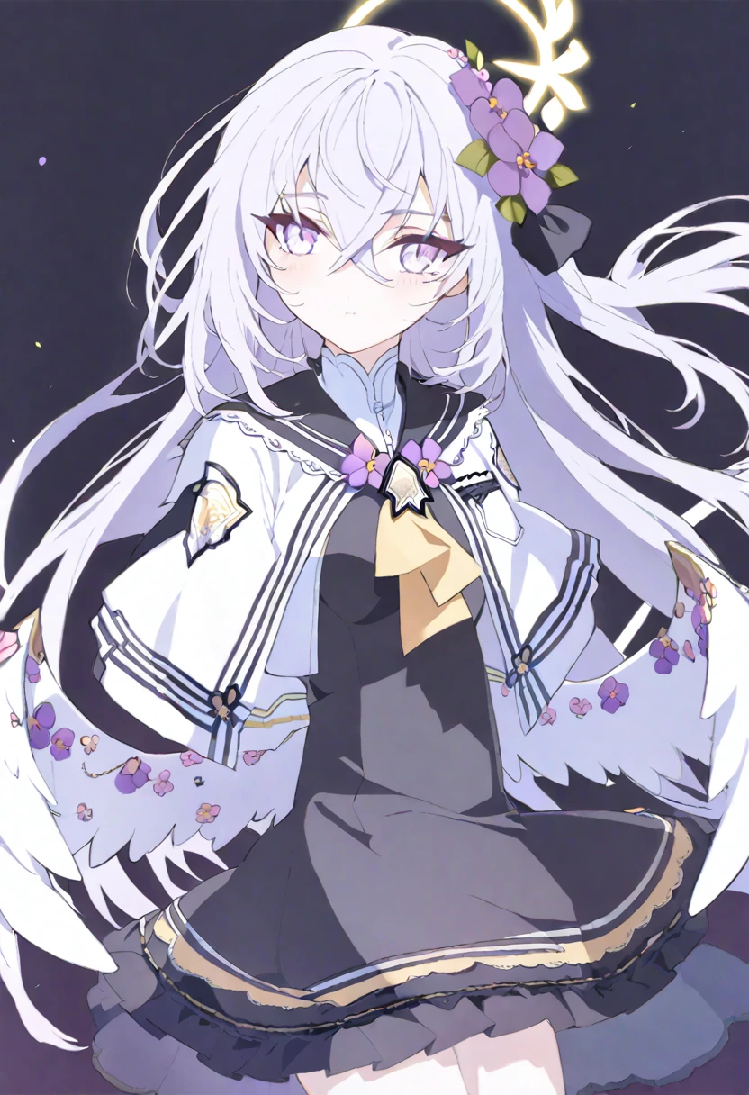 azusa \(blue archive\), 1girl angel_wings black_dress blush breasts closed_mouth dress feathered_wings flower grey_hair hair_between_eyes hair_flower hair_ornament halo jacket long_hair open_clothes open_jacket purple_eyes purple_flower simple_background sleeveless sleeveless_dress small_breasts solo twitter_username white_background white_jacket white_wings wings yellow_halo