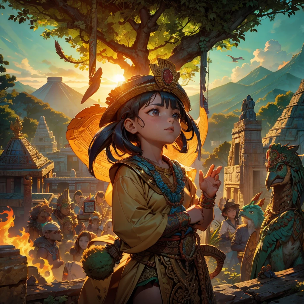 Childish, high quality、Very detailed、8Year、Mayan Aztec young priestess、Flying Feathered Serpent(Quetzalcoatl Kukulkan)Looking up at the sky and offering prayers、Chichen Itza Temple of the Sun in the Forest、mysterious、