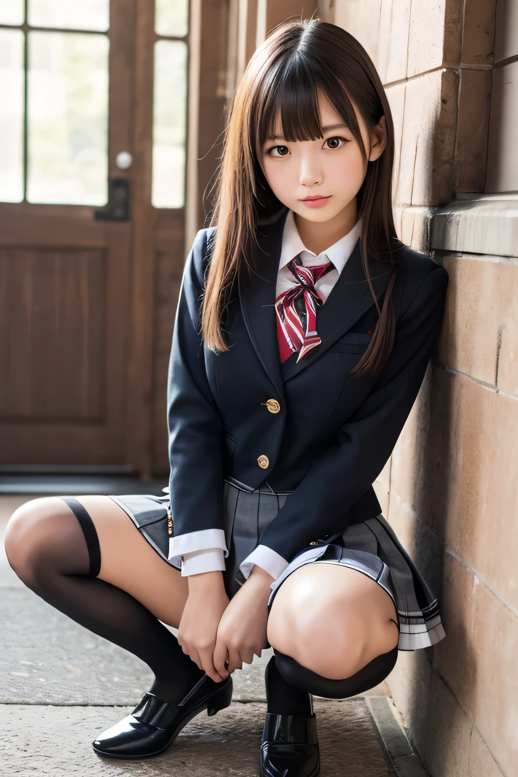 Highest quality, 8k, masterpiece, Junior high school girl、Big Breasts、Cute like an idol、Japanese、School uniforms、Pleated mini skirt、Black knee-high socks、Spread your legs、squat、From before