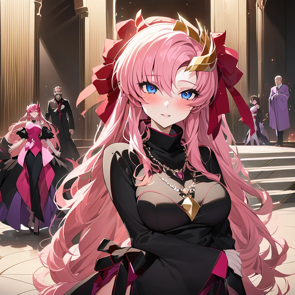 ((Highest quality)), ((masterpiece)), (detailed), （Perfect Face）、The woman is Lacus Clyne, a shrine maiden of the evil god, a saint of darkness, and the wife of the leader of the evil god cult. She has blue eyes, medium-long pink hair, a hair ornament, a gorgeous black shrine maiden outfit of the evil god, a necklace with a devil symbol, evil accessories, a gorgeous head chain tiara, and an engagement ring.、The woman is the wife of a middle-aged, bearded cult leader who is revered by a mysterious cult of evil gods.、He is standing at the altar of the Evil God Cult with a mysterious cult leader dressed in luxurious cult leader clothing.