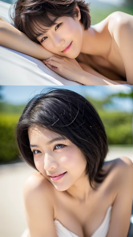 lens: 135mm f1.8, (Best image quality), (Tabletop: 1.1), (Beautiful 60 year old Japanese2People Women), (Moisturized lips), Narrow eyes, double eyelid, Delicate clavicle, Flat Chest, Shortcuts , (close:1.4) ), Embarrassment, faint smile, Dramatic lighting, (nude), (Sunburned skin: 0.2), Full body photo, Full Body Focus, Tight waist, Slim and slender figure、Anatomically correct、Live Action、smile、A neat and elegant woman、(((Group sex with young 1boy)))