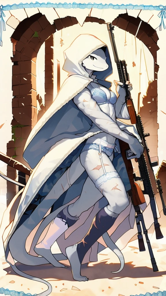 One person、Slender lizard man、masterpiece、Highest quality、Silver body、There are scars on the body、Sharp Eye、Light blue lace underwear、Lace fabric bra、Knee-high socks、garter belt、Long, thin tail、Hooded camouflage coat、rifle、In the ruins、Ass、Side view