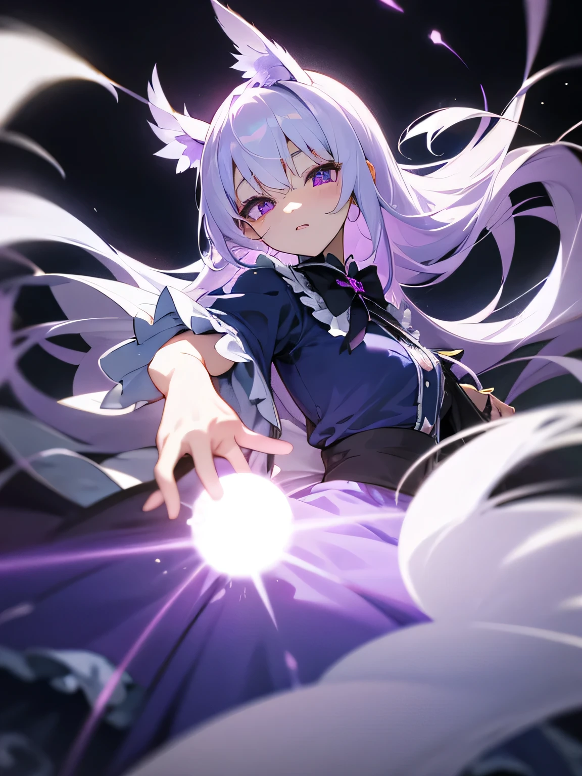 kawaii, anime, Cute, hyper quality, highly detailed, 8k, Clarity, Draw facial expressions in detail, purple eyes, white hair, long hair, highlight on eyes, Like a ghost, dark aura background, Feathers dance, wink, lolita clothes, cute pose, ghost pose, light shines, aura of darkness, Blue fireballs dance, hellfire, Realm of the dead, ghost, The expression is a wink, upward glance,