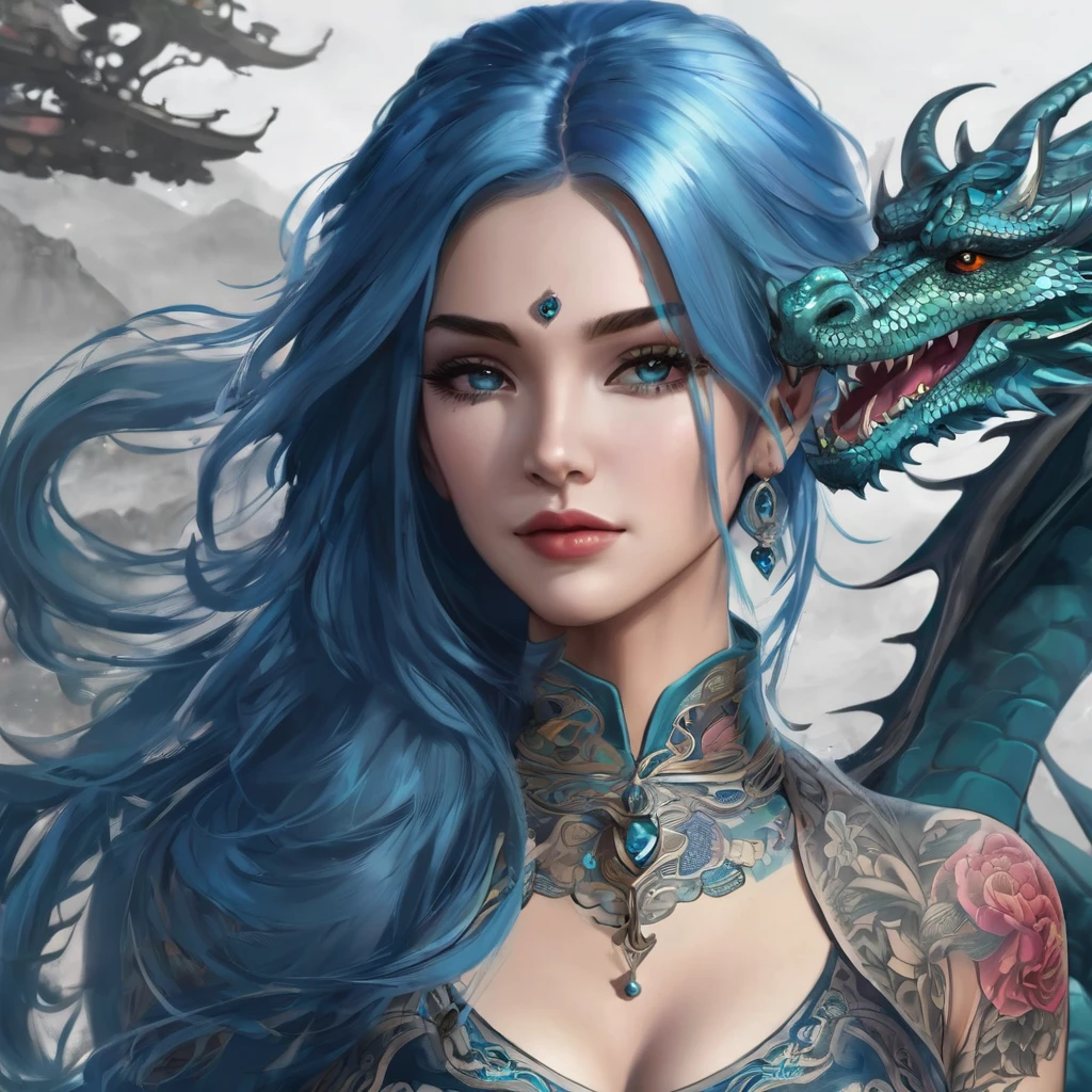 Blue,skyblue, beautiful female, long hair,blue hair,.BREAK.
Head to waist, tattoo,dragon tattoo, crown,
(Dragon in the background)
Drangon background. Dragon Tattooed,(add name written Riiid in her chest