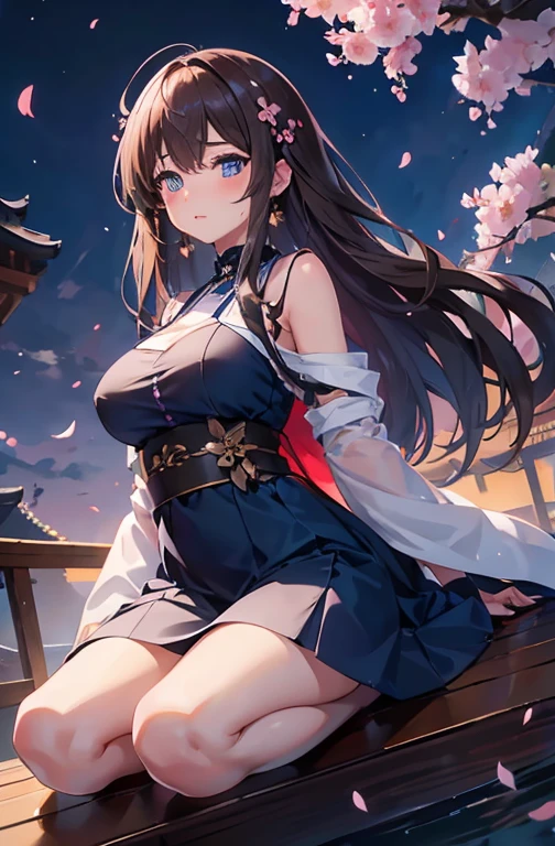 1 female、whole body、lower angle、Brown Hair、Long Hair、Well-groomed face、Dark lips、blue eyes、Blue dress、valley、slim、mini skirt、cherry blossoms、cherry blossoms吹雪、petal、Kyoto、old buildings、night、full moon、masterpiece、Ultra-high resolution、delicate、Perfect lighting、sunlight、16K