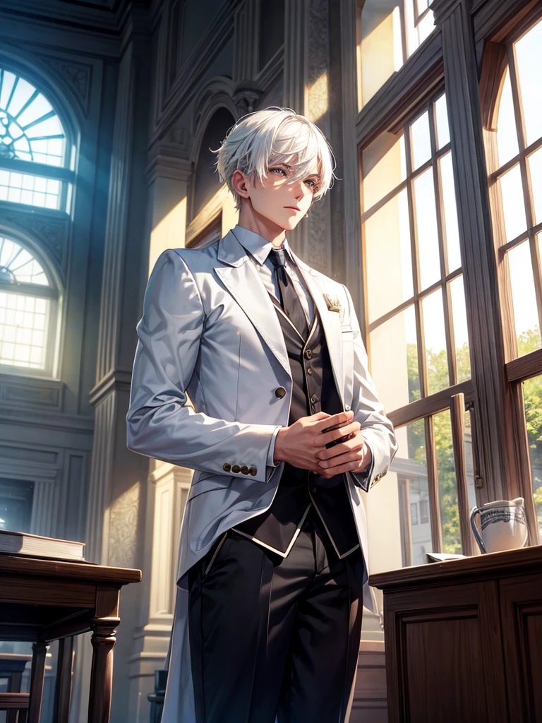 A young man with white hair at a school