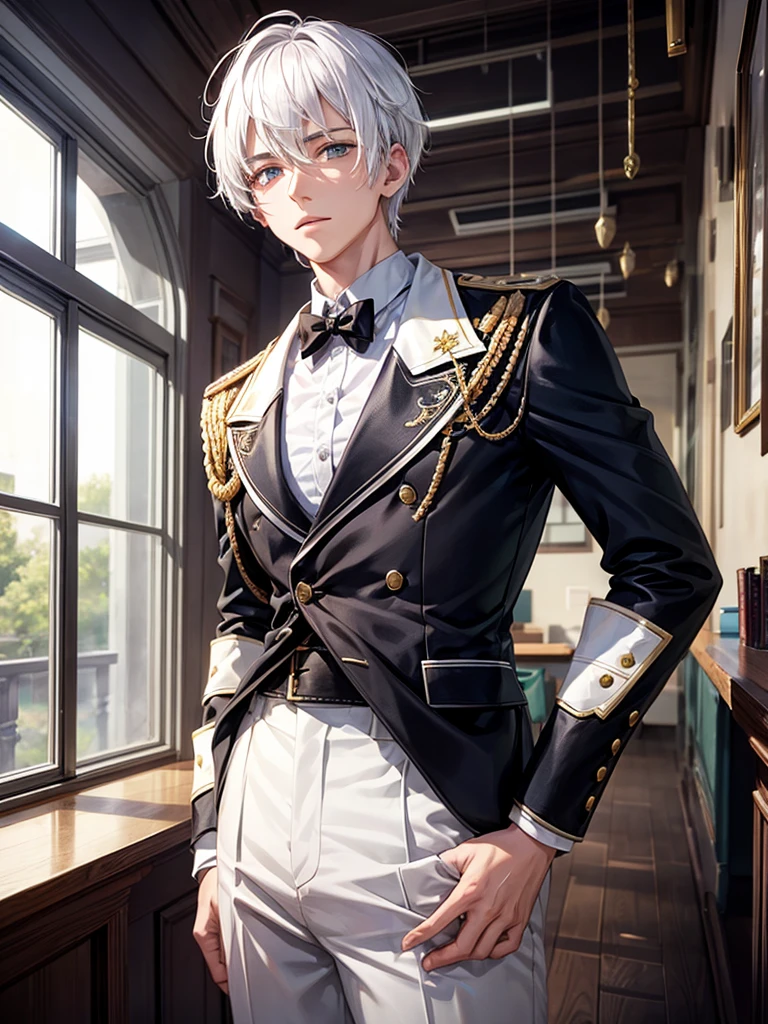 A young man with white hair at a school