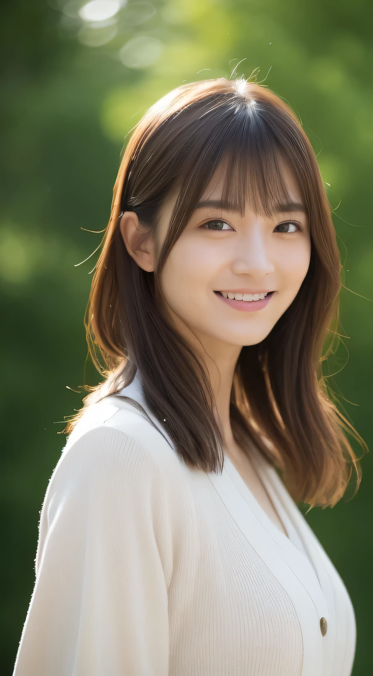 ((Highest quality、In 8K、masterpiece:1.3))、Look to the side、Sharp focus:1.2、Beautiful woman with perfect style:1.4、Slim Abs:1.2、((Dark brown hair、Huge boobs:1.2))、Highly detailed face and skin texture、Detailed eyes、double eyelid、A bright smile、Look to the side、Mai Shiraishi、Nishino Nanase、hikaru takahashi