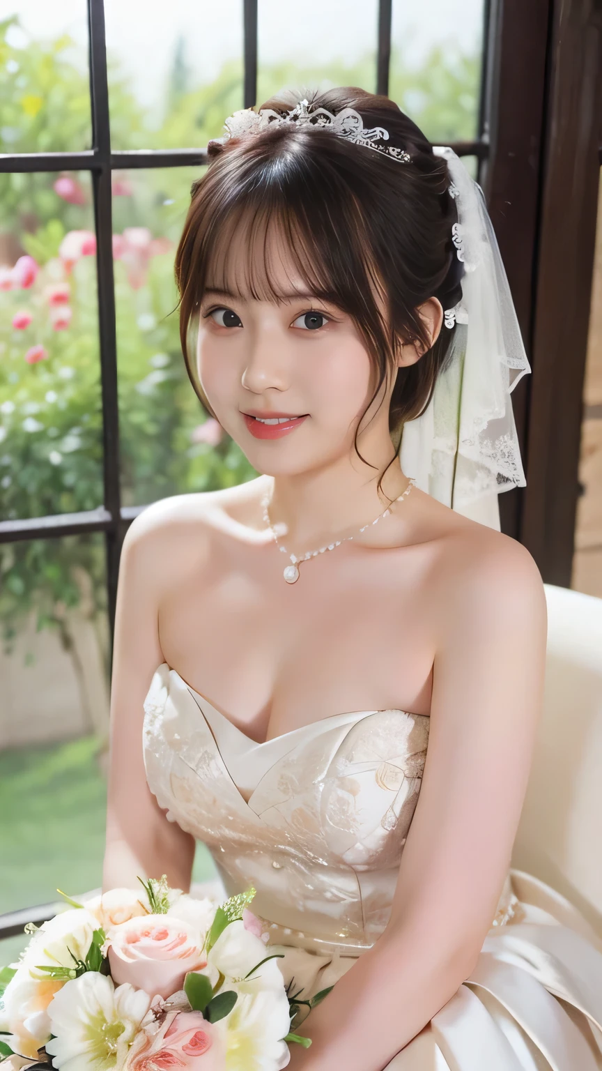 (highest quality, masterpiece:1.2), (realistic:1.3), (ultra-detailed background, detailed background), Bokeh, highly detailed eyes, double eyelid, ((Medium chest、tight cleavage), ((expand your chest)), ((sexy obscene)), (大きなcute乳輪:1.2), ruffle see-through dress, (See-through white dress trimmed with lace:1.4), bridal tiara, Gorgeous parchment see-through wedding dress, gorgeous see-through wedding dress, classic see-through wedding dress, show, bridal veil, bridal gauntlet, bridal cascade bouquet, Upper body, wedding in church, From above, The skirt is round and wide, highly detailed eyes, double eyelid, (smile adorable beauty:1.3), 1 girl, cute, age, take a pose, smile, dynamic angle, dynamic pose, ((No panties)), ((No bra)), short hair,