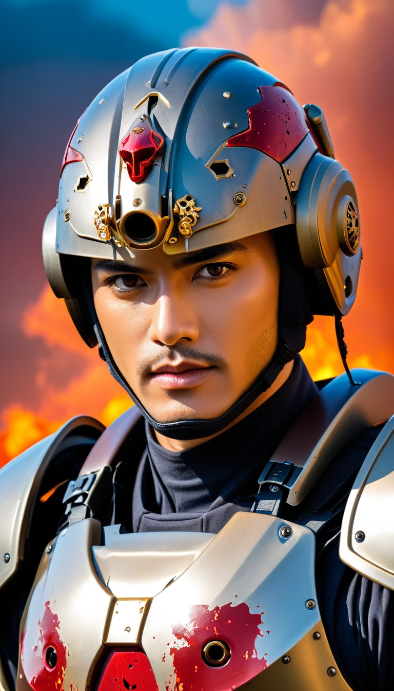 Close-up of a ((extremely handsome male warior)) , half human, half machine, their faces a bit partially obscured by military helmets. Their eyes are filled with sadess and longing. The background is a trail of blood and violence. He wears a mechanized robot armor, carved with animal elements, human skulls. The sky is filled with swirling, fiery clouds. The photo conveys a strong sense of the warrior's appearance