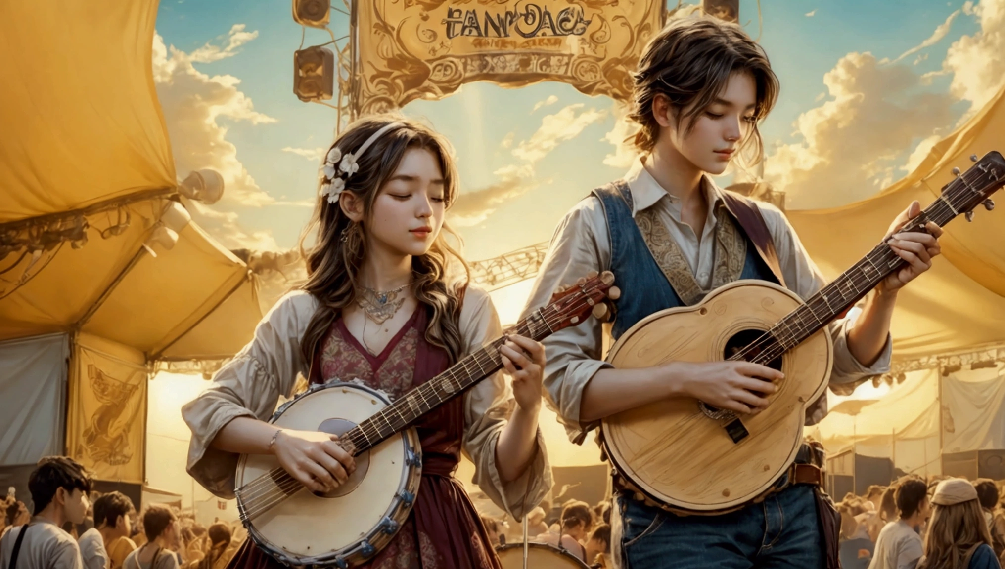 Draw a music festival poster，Playing the banjo，Musical note elements