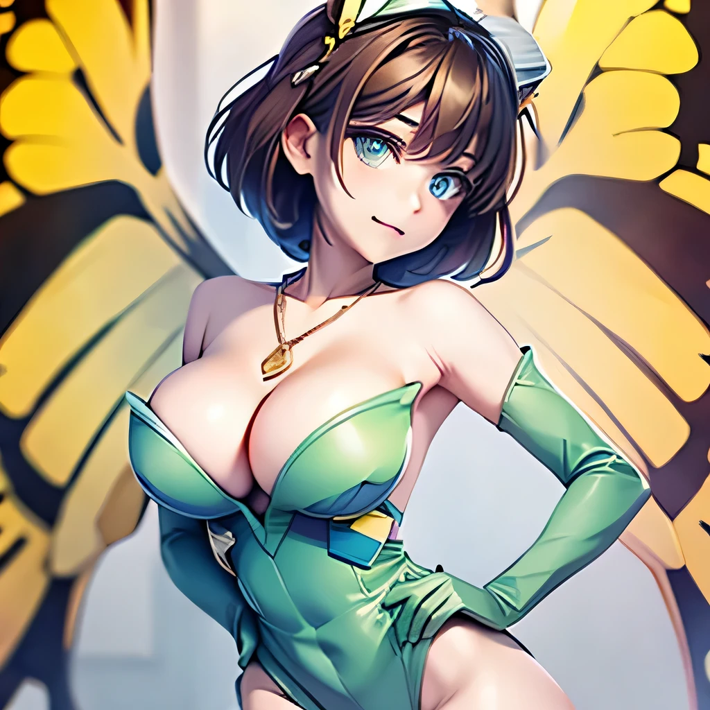  ((masterpiece,best quality,ultra-delicate,Perfect Face,16k,high resolution,very beautiful woman)),yellow butterfly wings on the head,brown medium short hair,black hair ellipse ornaments:1.2,green leotard,green long boots ,green long arm gloves, large breasts,gold necklace,cowboy shot,black hair ornaments