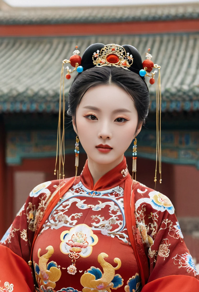 The background is a cobblestone street outside a Chinese palace in the Qing Dynasty. The empress at the Chinese court in the Qing Dynasty is wearing red Hanfu and looking from the front. Her big buttocks are covered with a naked loincloth that has been moved down to show off her big breasts. Her hair is adorned with a gorgeous Chinese empress's crown, and the back of her hair is tied up at the top.