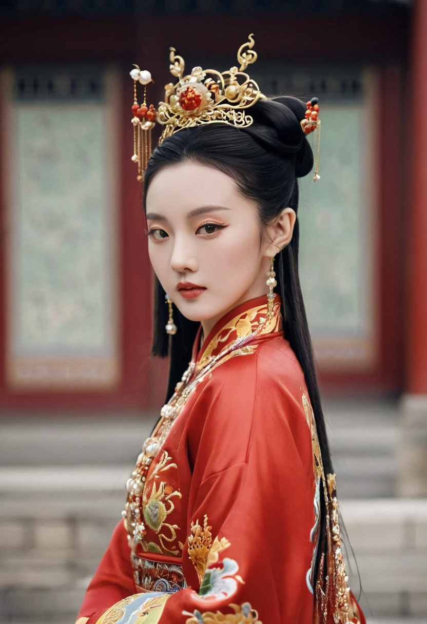 The background is a cobblestone street outside a Chinese palace in the Qing Dynasty. The empress at the Chinese court in the Qing Dynasty is wearing red Hanfu and looking from the front. Her big buttocks are covered with a naked loincloth that has been moved down to show off her big breasts. Her hair is adorned with a gorgeous Chinese empress's crown, and the back of her hair is tied up at the top.