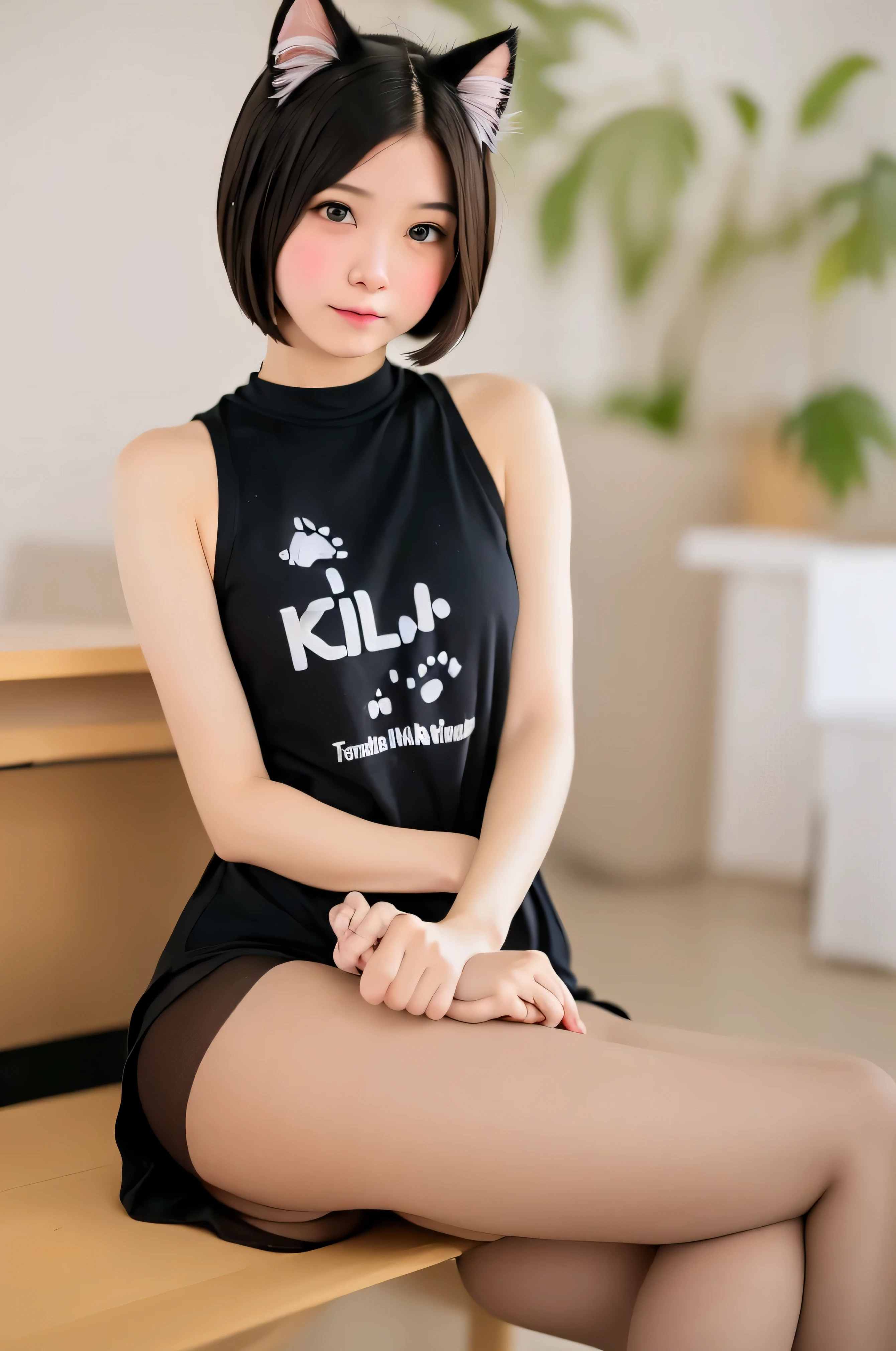 masterpiece, Bokeh, (Cat ear:1.4), Sitting on the beach at sunset, Looking at the audience, office lady, pantyhose,(masterpiece, Highest quality, It captures a very cute moment, Depth of written boundary, Super detailed, Ultra-high resolution, C4D, Octadale, 3D Modeling,Realistic human photos、 8k, 16K, One Girl,, 、Small breasts,Black Hair,short hair,Straight Hair,Light brown eyes,Cute Face), Bloomers, Black tank top, zettai ryouiki, Wet clothes,Classroom Nights,Moonlight, Good elevator, Take off、Real-life skin、Not an anime、Realistic、