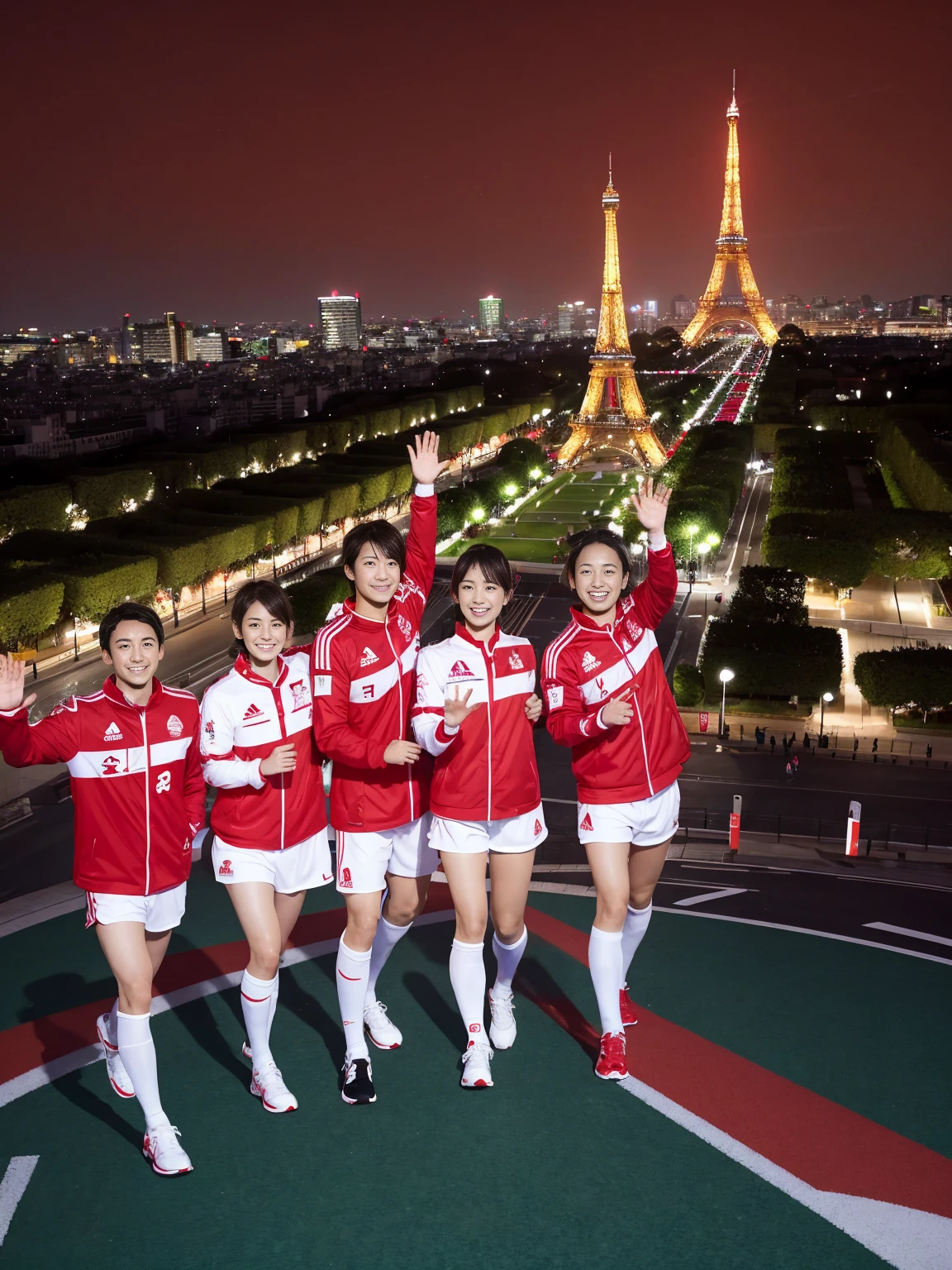 (best quality, masterpiece, ultra detailed, ),Create an energetic and hopeful thumbnail for a song about young Japanese athletes in Paris, preparing for the Olympics. The image should feature:
A vibrant background of the Eiffel Tower and the Seine River.
Smiling teenage Japanese athletes (both male and female) in sportswear.
Elements that symbolize the Olympics, such as the Olympic rings or a torch.
Bright and dynamic colors to convey excitement and optimism.