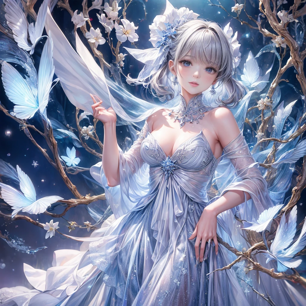 (best quality:1.4), (masterpiece:1.4), ultra-high resolution, 8K, CG, exquisite, upper body, solitude, Thumbelina, little princess, blue taffeta court dress, snowflake background, detailed facial features, silver-gray hair, almond-shaped eyes, intricate eye makeup, long lashes, gray eyes with a starry gaze, intricate lip details, soft and harmonious style.