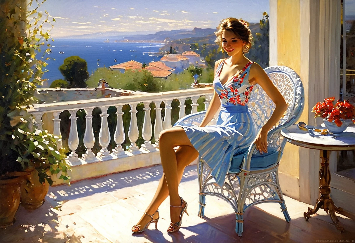 painting of a woman sitting in a chair on a patio, by Vicente Romero Redondo, volegov, vladimir volegov, painting vladimir volegov, steve henderson, josephine wall and pino daeni, summer afternoon, in style of steve henderson, danile gerhartz, konstantin razumov, summer morning light, ( ( konstantin razumov ) )